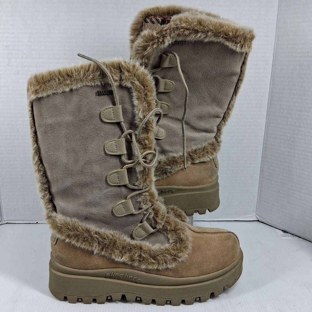 Skechers Jammers Y2K Womens 7.5 Tan Leather Faux Fur Tall Winter Platform Boot